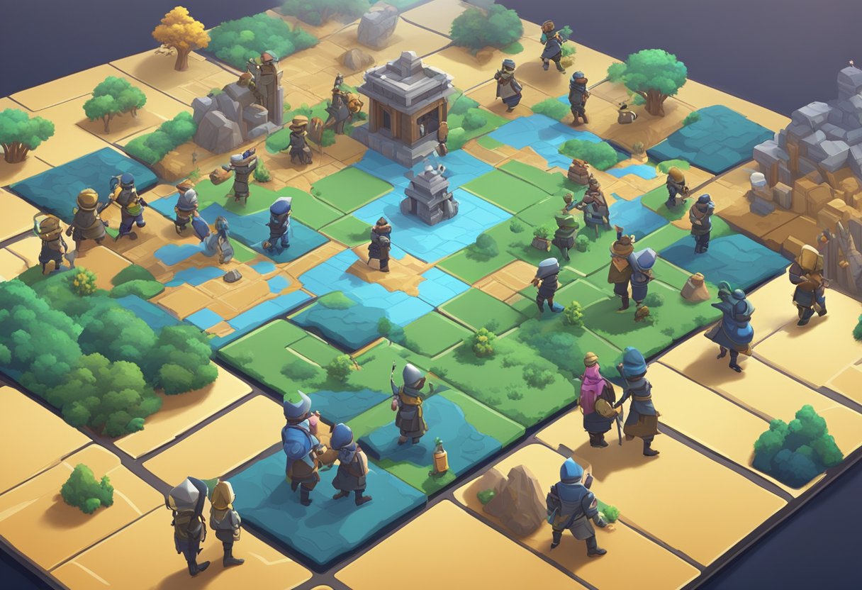 A group of diverse characters strategizing and battling on a digital game board, with various landscapes and obstacles in the background