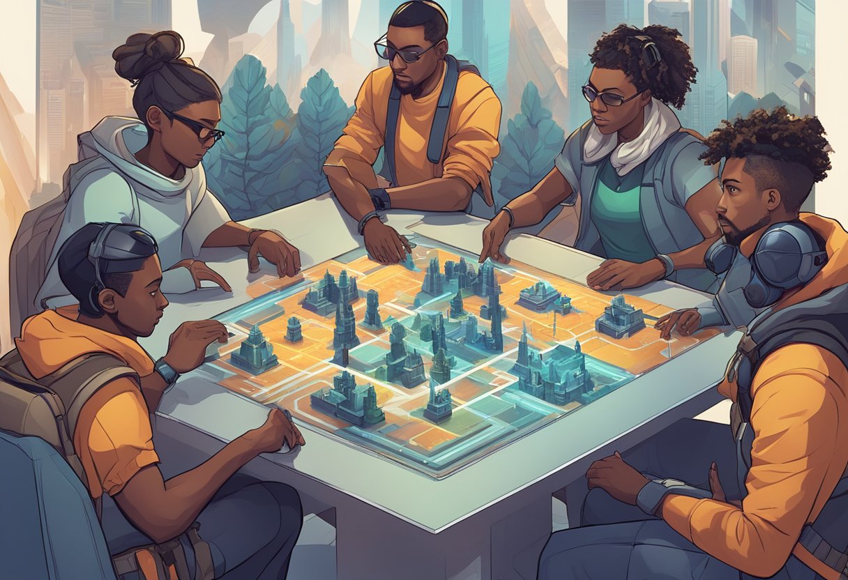 A group of diverse characters strategizing and battling in a virtual world filled with futuristic landscapes and intricate game boards