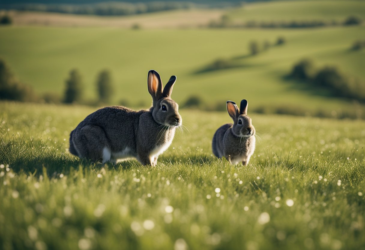 Rabbits roam freely across a vast, open field, with rolling hills and scattered trees in the distance