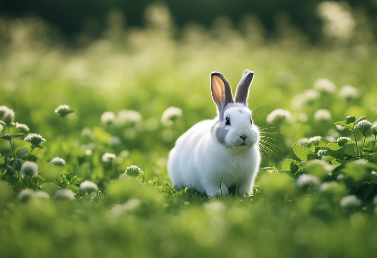 A rabbit hops through a grassy field, pausing to nibble on clover before continuing on its journey