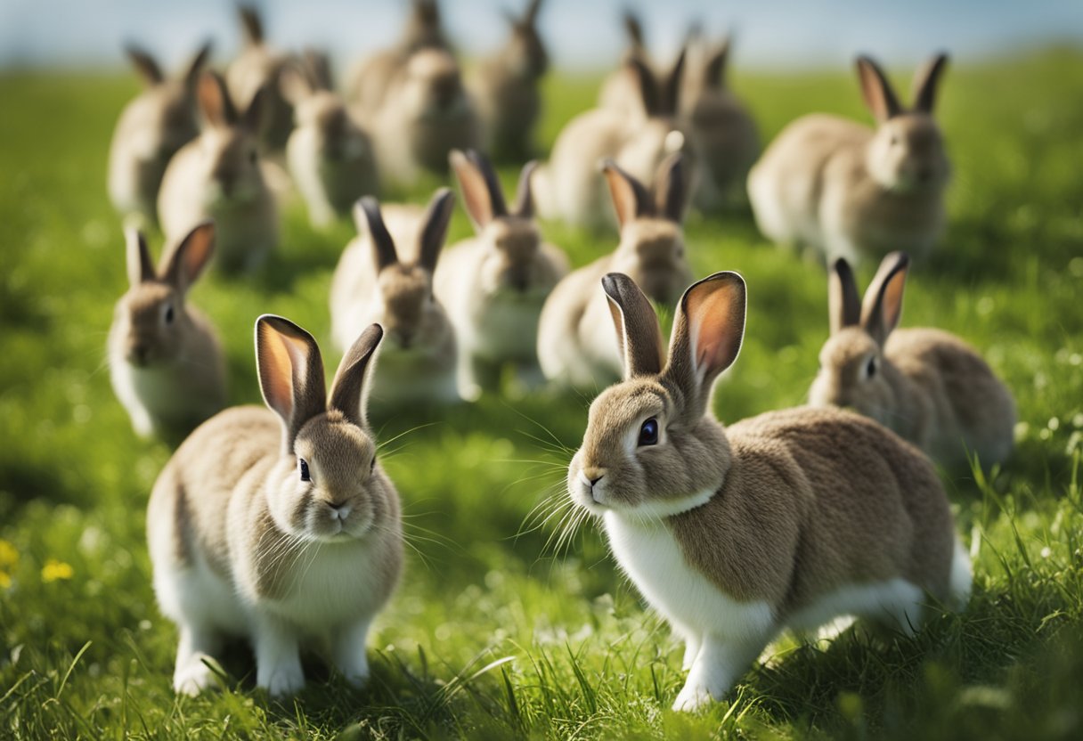 A group of rabbits scattered across a vast field, some hopping in different directions, while others pause to sniff the ground or nibble on grass