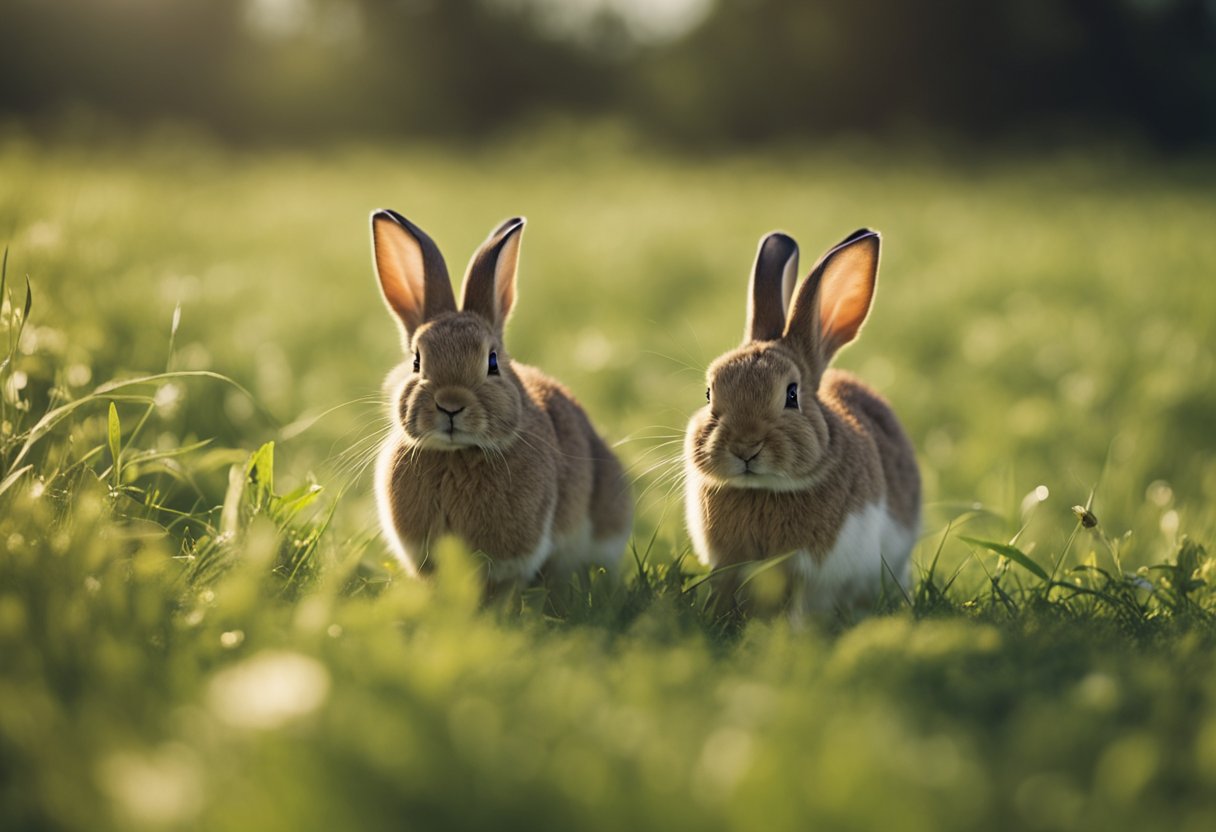 A group of rabbits roam through a grassy field, hopping and foraging for food under the open sky