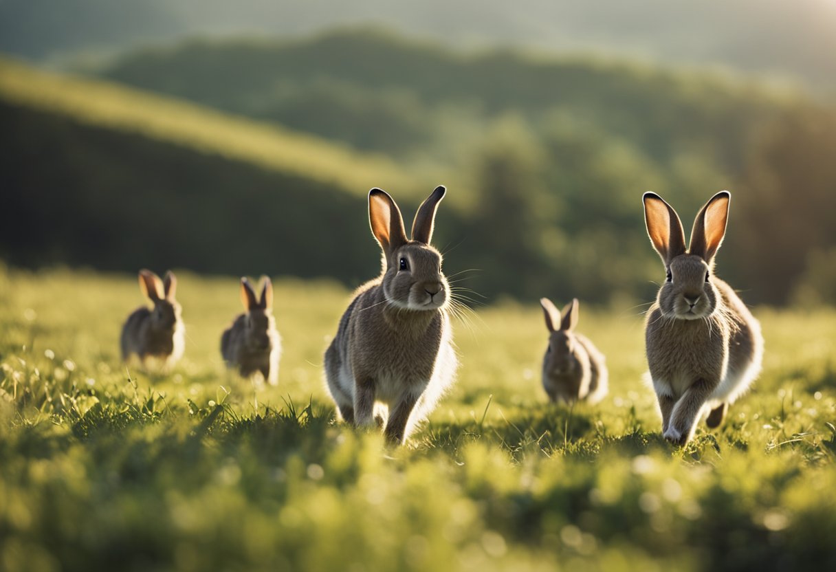 A group of rabbits hop across a vast open field, disappearing into the distance as they roam freely