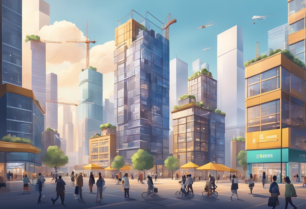 A bustling virtual skyscraper with tiny people moving about, construction cranes in the distance, and various floors of shops and offices