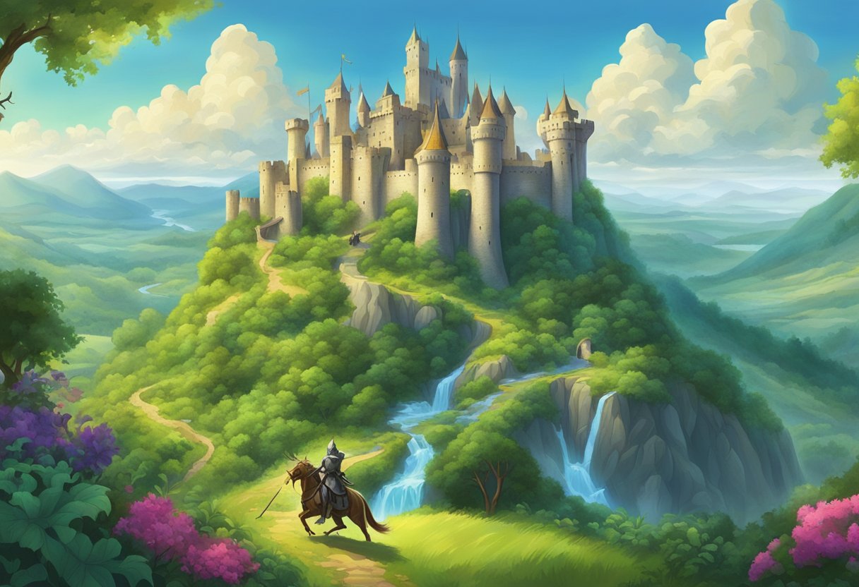 A fantasy world with castles, dragons, and knights battling in a lush, vibrant landscape