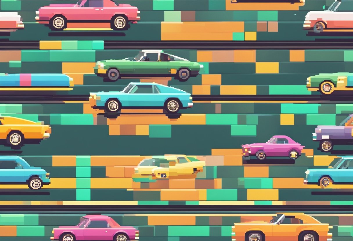 Two vintage cars speeding on a pixelated racetrack, surrounded by colorful obstacles and a retro gaming interface