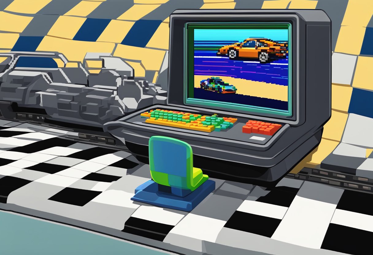 A vintage computer monitor displays a DOS racing game with pixelated graphics and a simple user interface. The screen shows a race car speeding along a blocky track