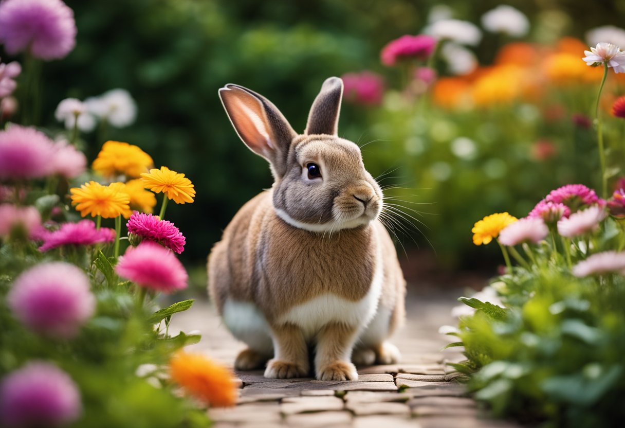 A rabbit sitting in a familiar garden, surrounded by colorful flowers and a winding path. The rabbit appears to be pausing and looking around, as if remembering the space