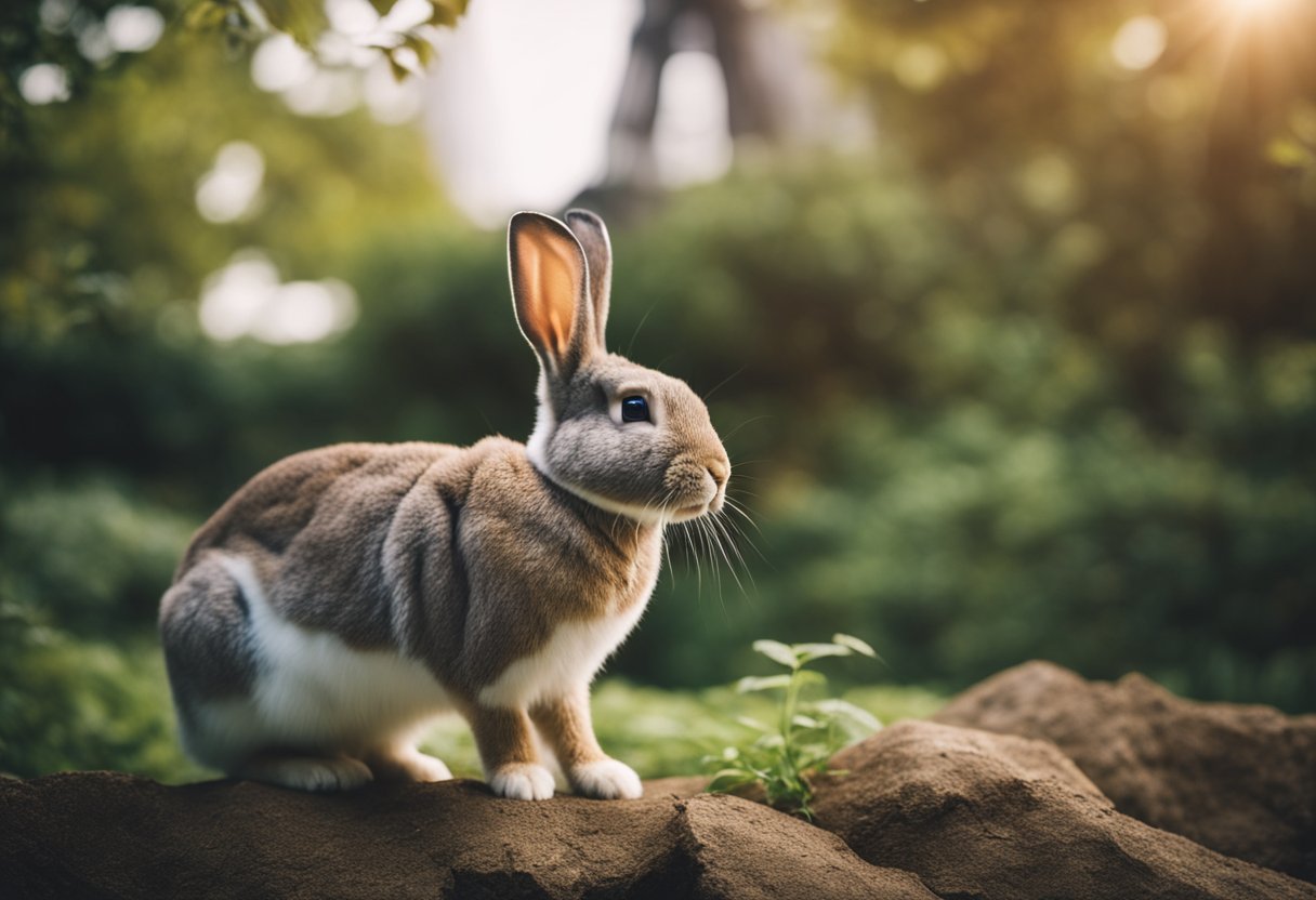 A rabbit standing in a familiar environment, surrounded by recognizable landmarks such as trees and bushes