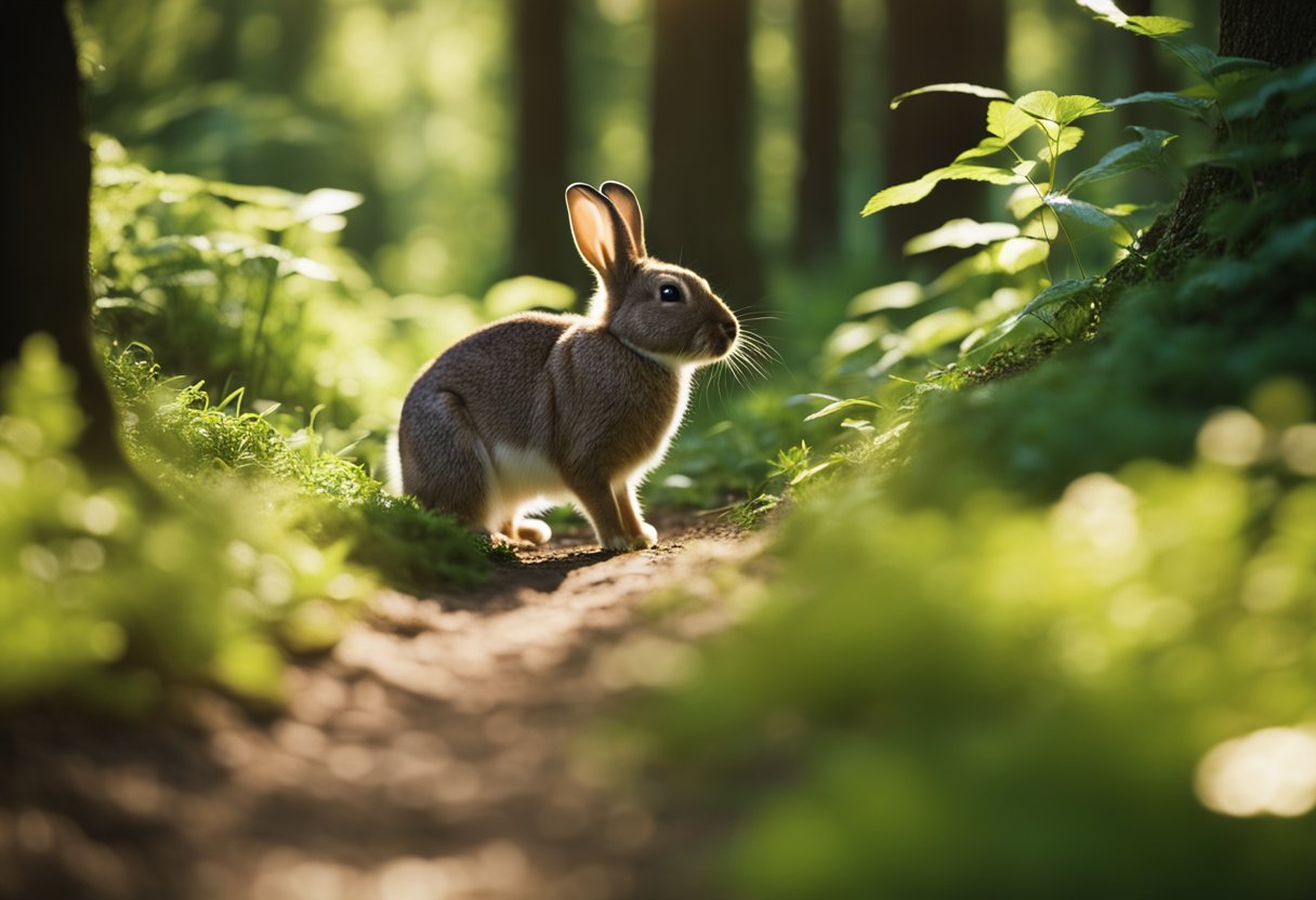 A rabbit hops back to a familiar burrow in a lush, sun-dappled forest clearing