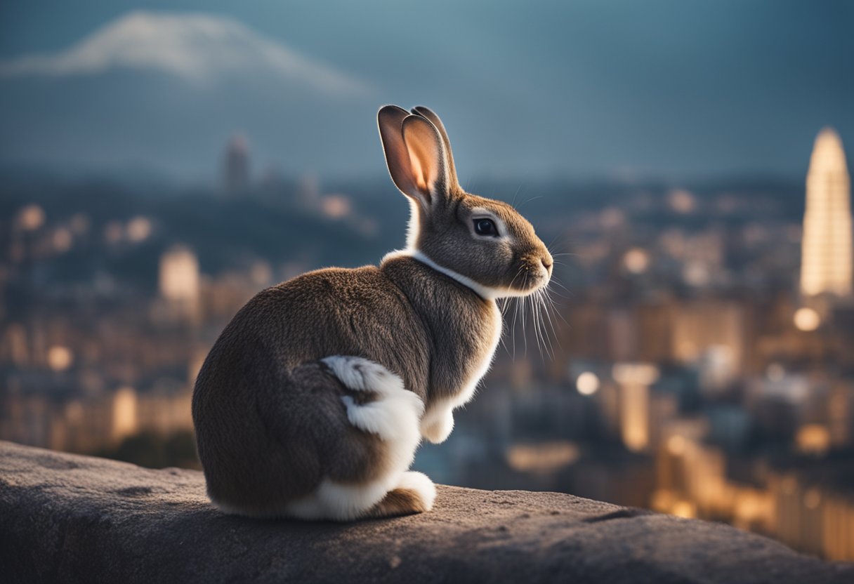 A rabbit sitting in a familiar environment, surrounded by recognizable landmarks and objects, with a thoughtful expression on its face