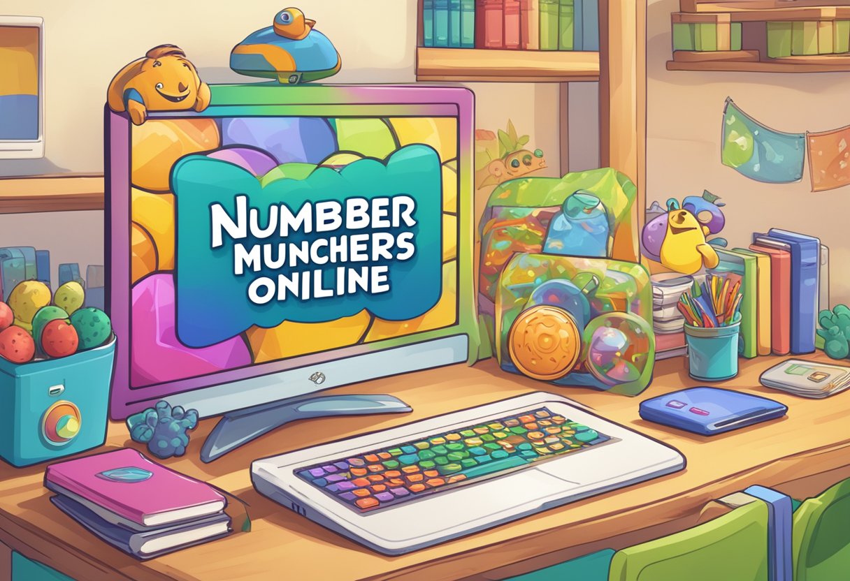 A computer screen displaying a colorful and engaging educational game interface with the title "Number Munchers Online" prominently featured