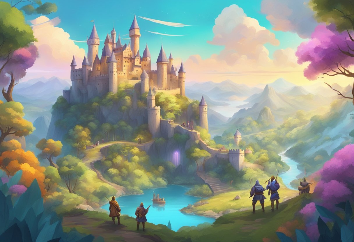 A colorful virtual world with diverse landscapes, castles, and creatures. Adventurers wielding weapons and magic battle against mythical foes. Play adventure games online and create your own epic story!