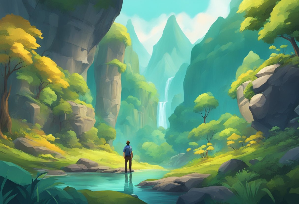 A character navigates through a vibrant virtual world filled with towering mountains, lush forests, and mysterious caves in an online adventure game. Explore the best online adventure games and discover new worlds!