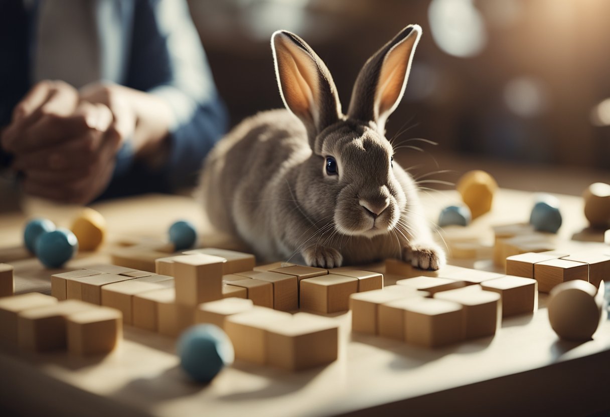 A rabbit solving a simple puzzle, surrounded by various objects and obstacles