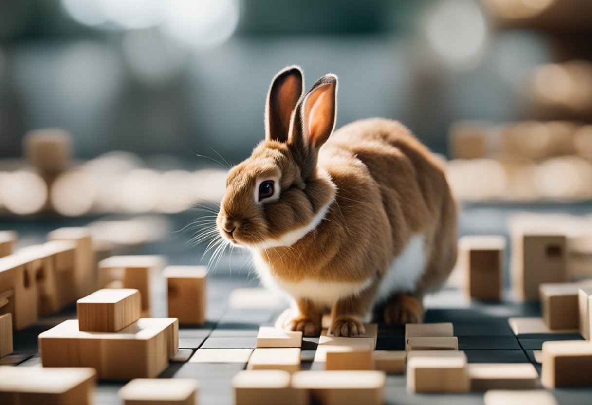 A rabbit solving a puzzle or navigating a complex obstacle course