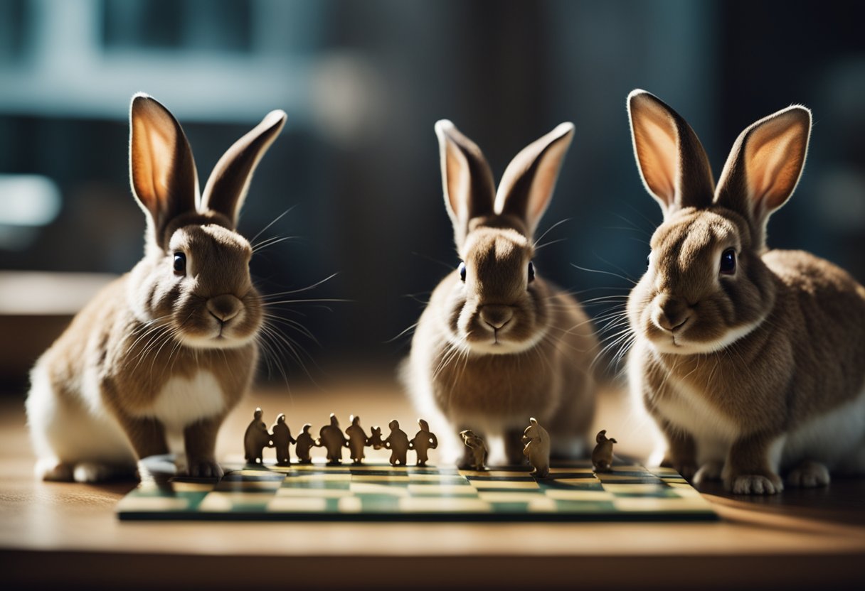 A group of rabbits gather around a puzzle, solving it together, while others observe and communicate through body language