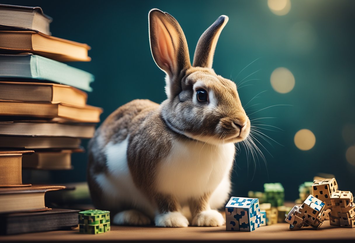 A rabbit sitting attentively beside a stack of books and a puzzle, with a thoughtful expression on its face