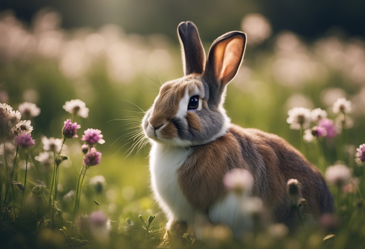 A rabbit with drooping ears sits alone in a field, surrounded by scattered flowers and a gentle breeze