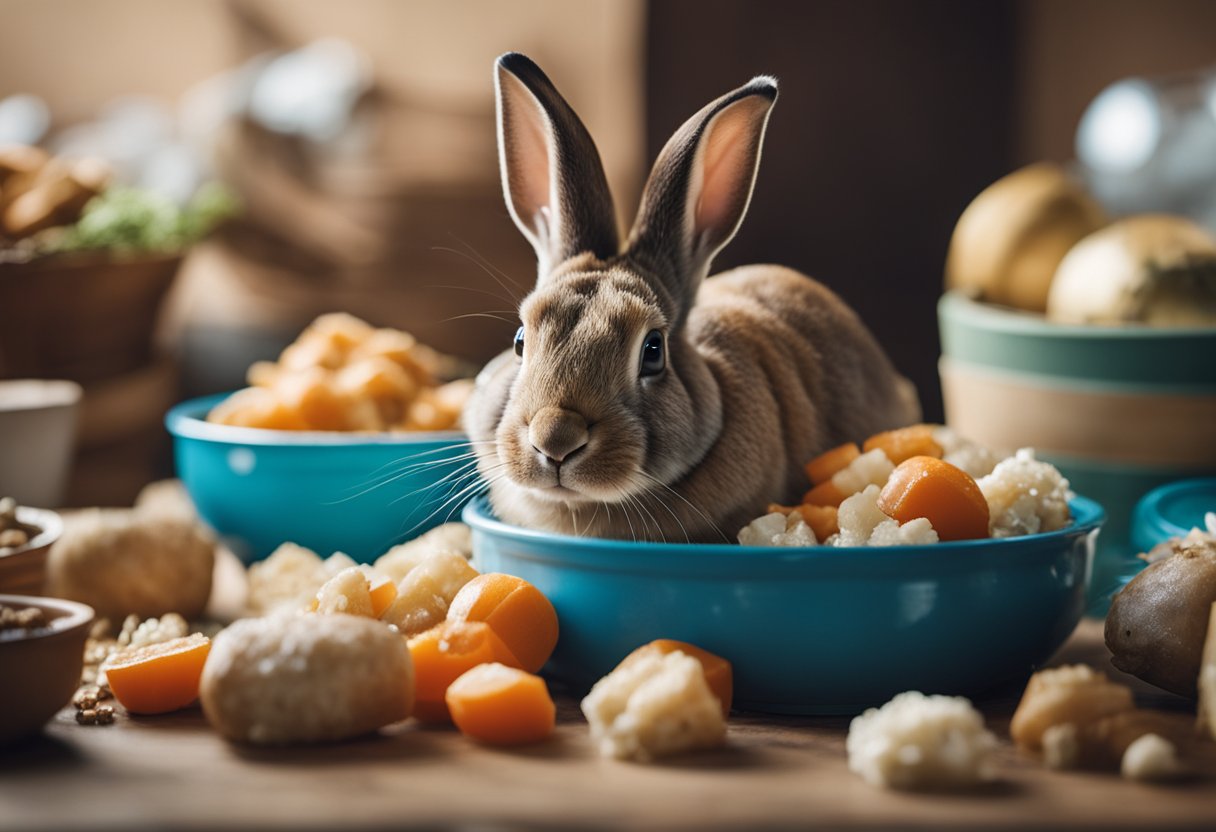 A rabbit sitting with ears drooped and eyes downcast, surrounded by scattered food and a tipped over water bowl