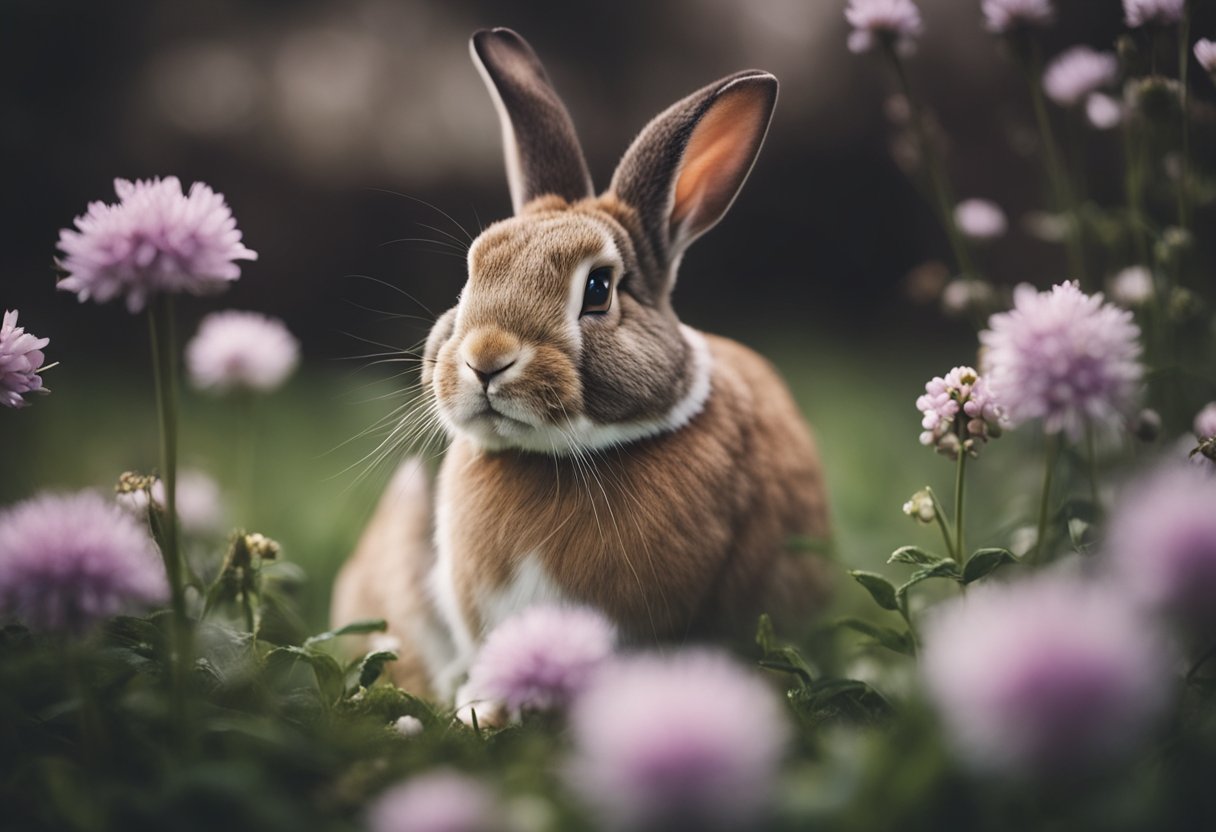 A rabbit hunched over, ears drooping, and eyes downcast, surrounded by wilted flowers and a somber atmosphere