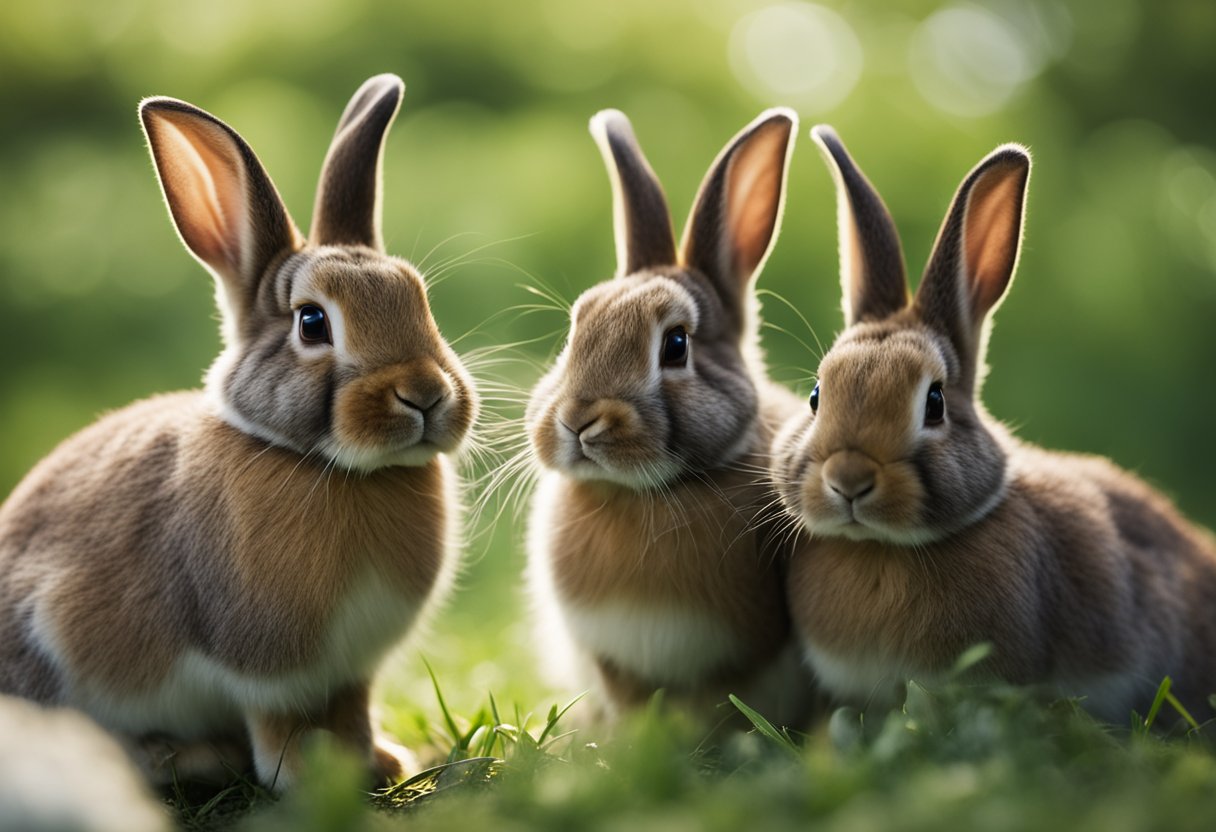 A group of rabbits huddled together, one looking at another with a sympathetic expression, while the others appear to be listening attentively