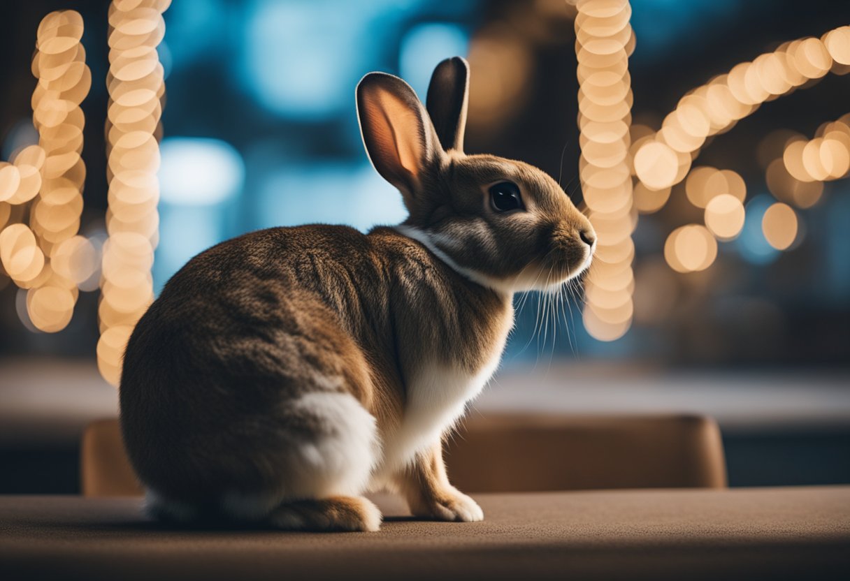 A rabbit sitting alone, ears drooping, surrounded by questioning symbols