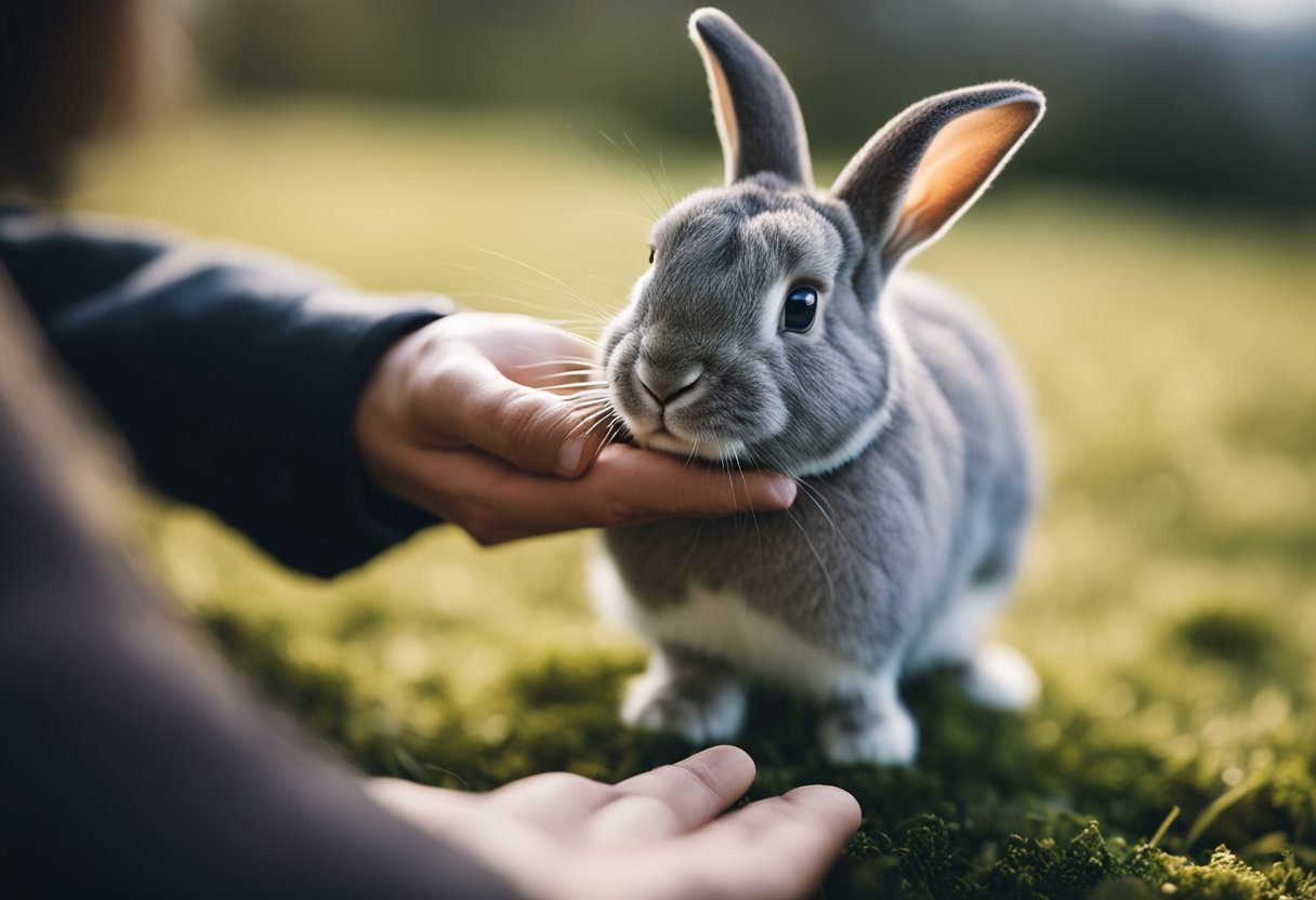 A rabbit approaches a person, nuzzling their hand