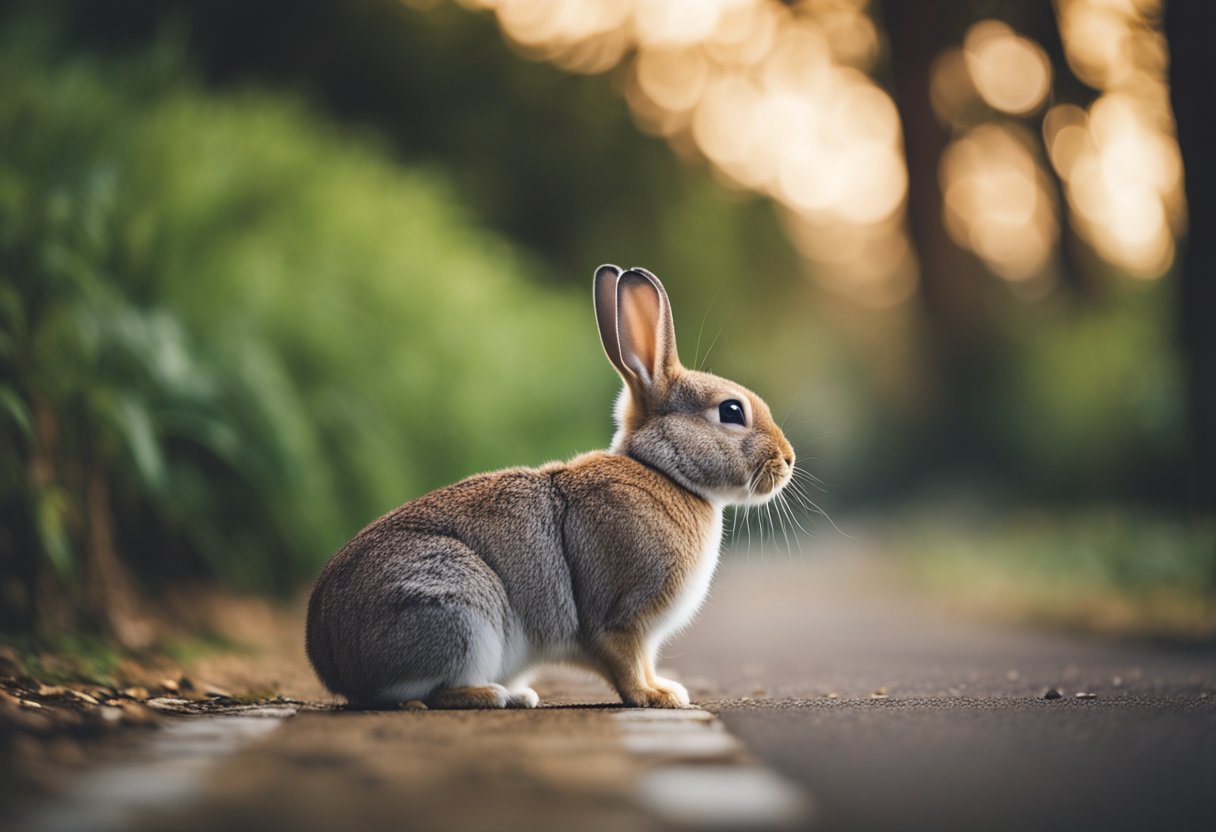 A rabbit approaches a person, sniffing and nudging for attention