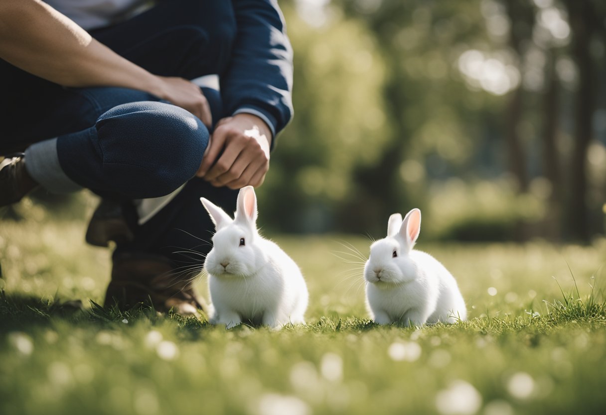 A rabbit nuzzles against a person's leg, looking up with trust and affection