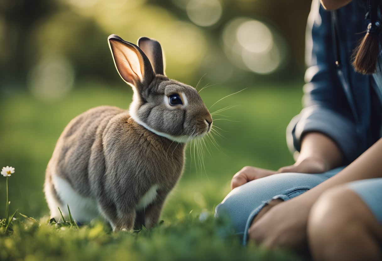 A rabbit sitting next to a person, looking up at them with curiosity