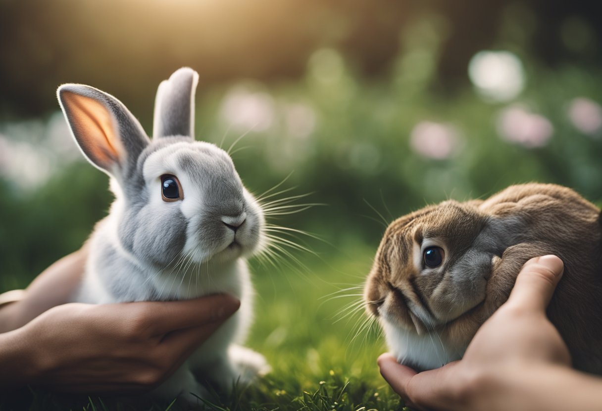 A rabbit sitting close to a person, nuzzling their hand and looking up at them with adoring eyes