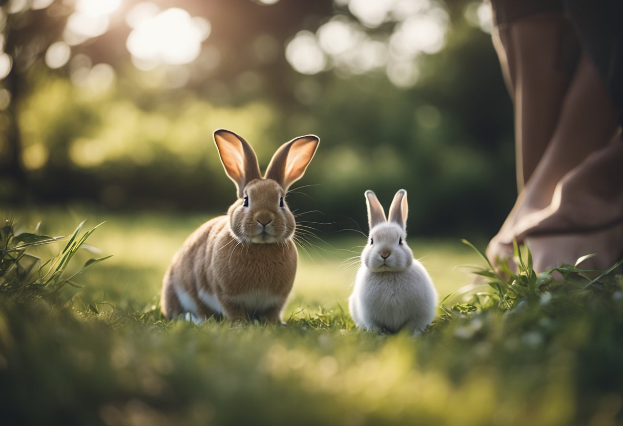 A rabbit sitting close to one person, nuzzling and seeking attention