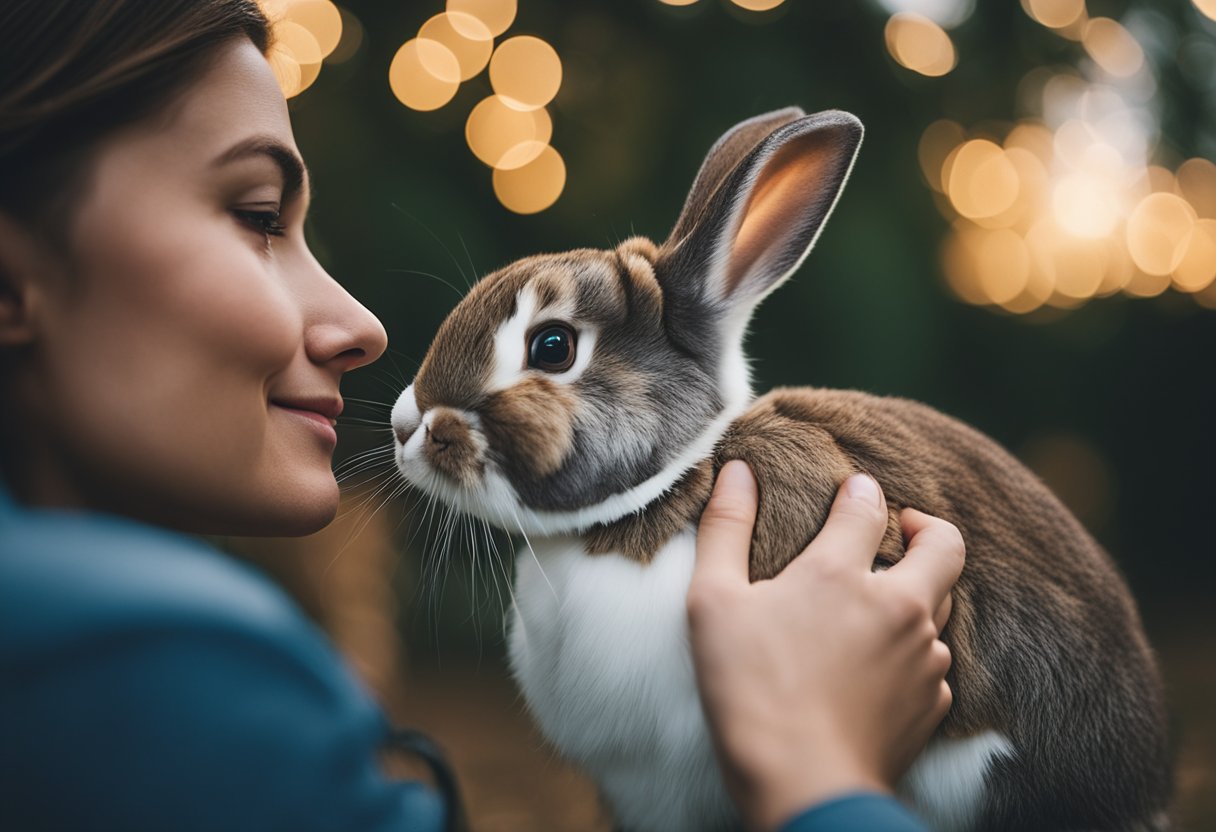 A rabbit nuzzling against a person's leg, looking up with trust and affection