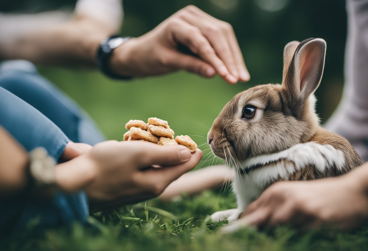 A rabbit nestled against a person's leg, while another person offers it a treat from their hand