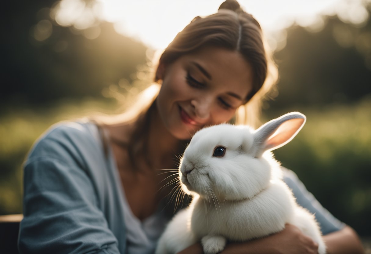 A rabbit sitting next to a person, nuzzling and showing affection towards them