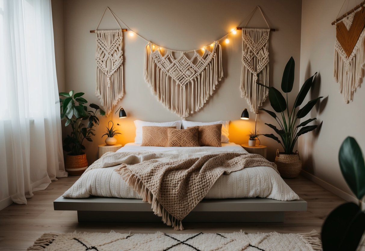 A cozy bohemian bedroom with layered textiles, macrame wall hangings, and a low platform bed surrounded by plants and warm, ambient lighting