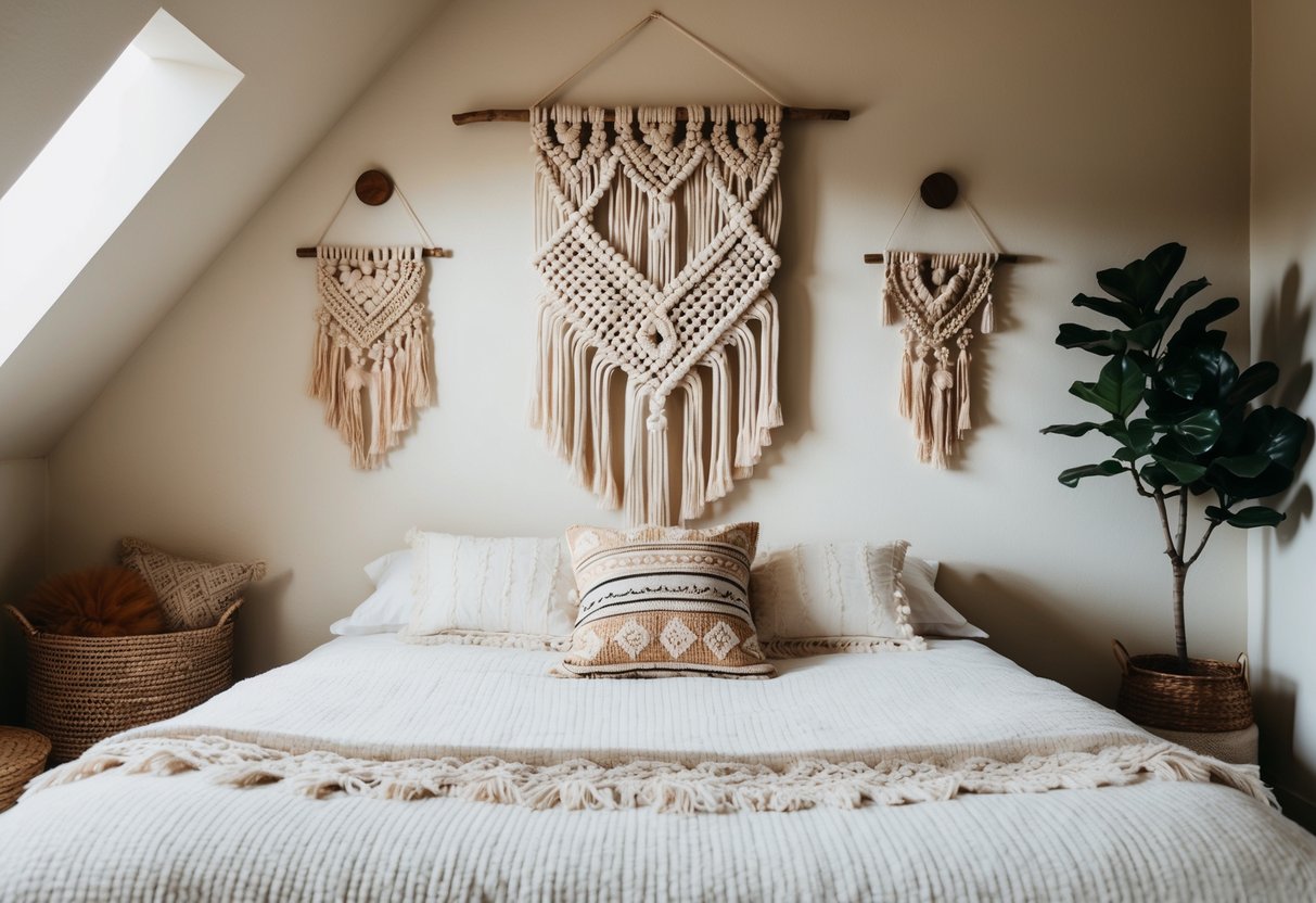 A cozy bedroom with a macrame wall hanging as the focal point, surrounded by bohemian decor and natural light