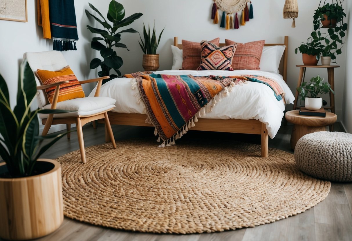 A cozy boho bedroom with a woven area rug as the focal point, surrounded by plants, colorful textiles, and natural wood furniture