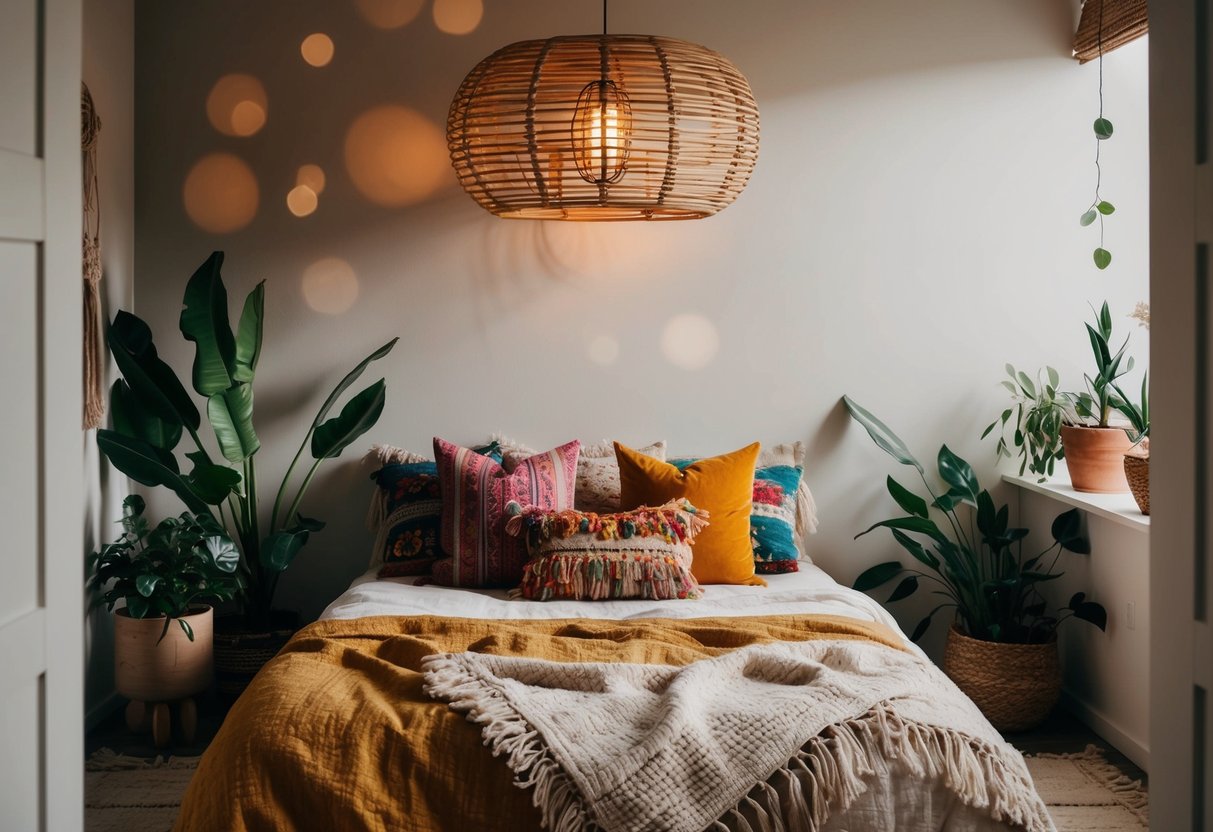 A cozy boho bedroom with a rattan light fixture casting warm, ambient light over a bed adorned with colorful, textured pillows and a variety of plants scattered throughout the room