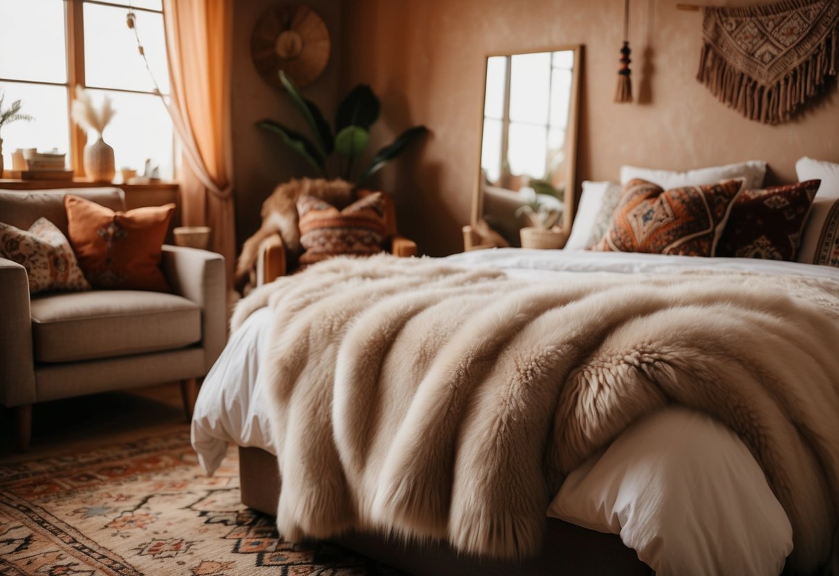 A cozy boho bedroom with a sheepskin throw draped over a bed or chair, surrounded by warm, earthy tones and eclectic decor