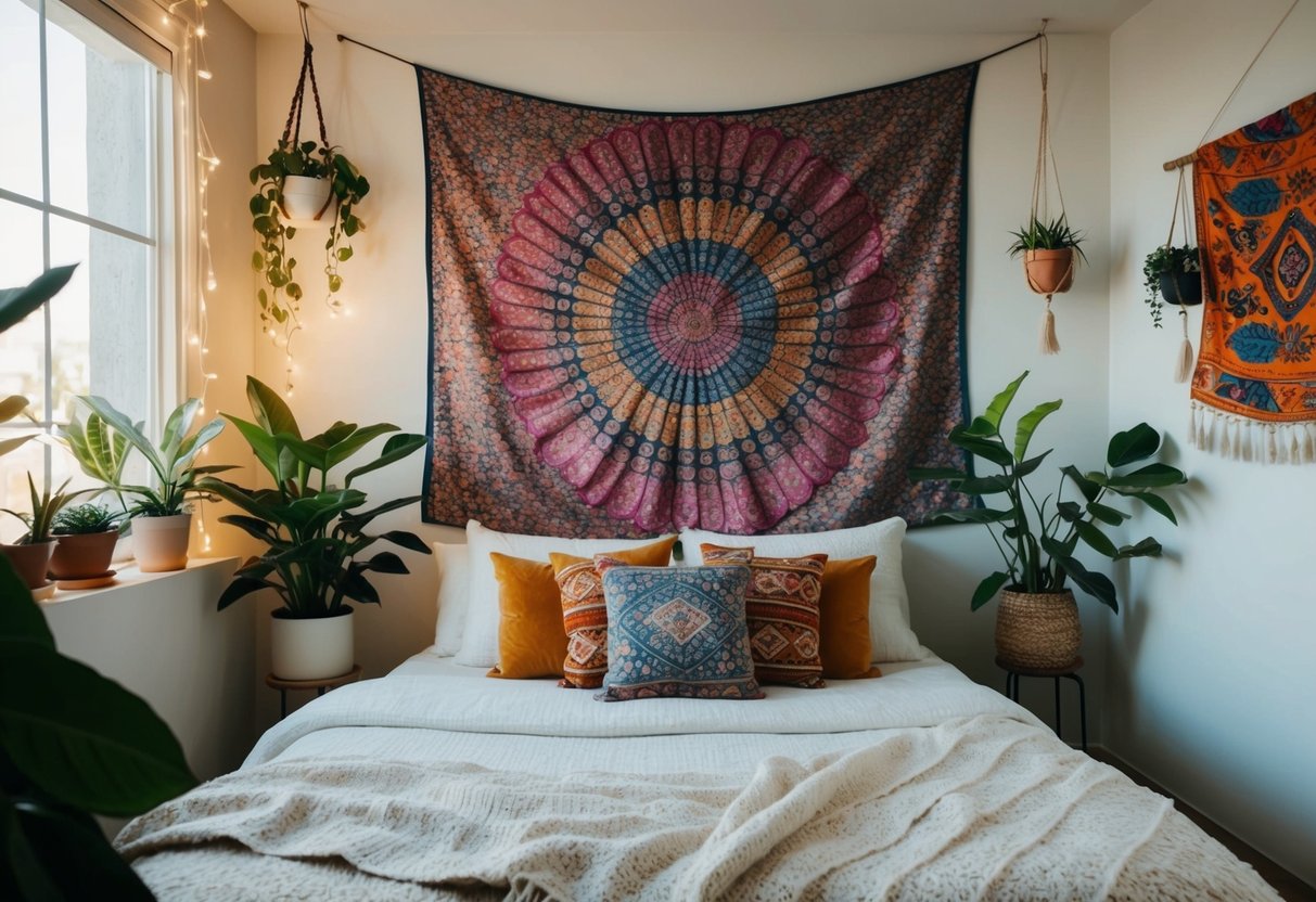 A cozy bohemian bedroom with a colorful tapestry hanging on the wall, surrounded by plants and soft, ambient lighting