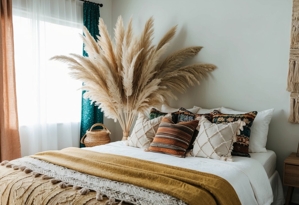 A boho bedroom with a large pampas grass arrangement as a focal point, surrounded by colorful textiles and natural textures