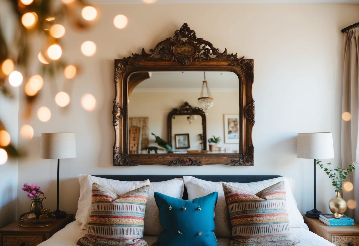 An antique mirror hangs above a boho bedroom, reflecting the eclectic decor and cozy atmosphere