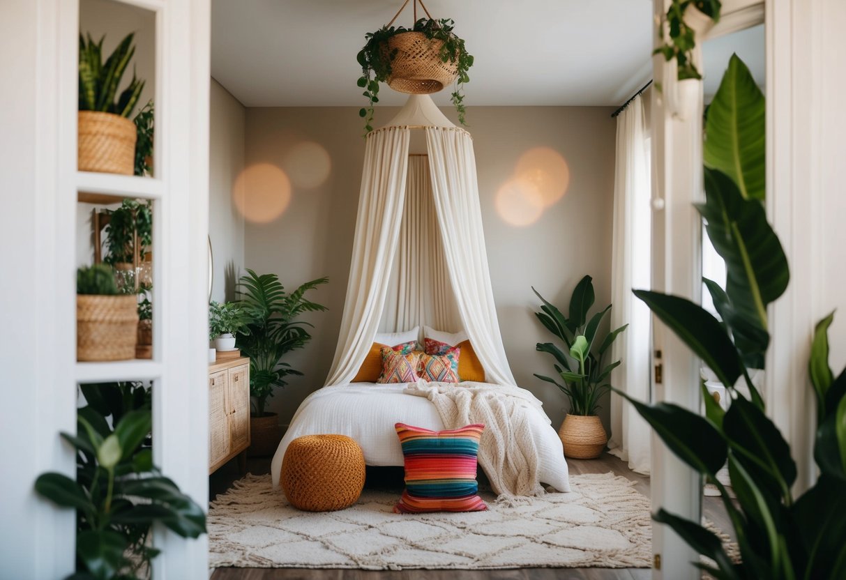 A cozy boho bedroom with a canopy bed draped in flowing curtains, surrounded by plants and colorful textiles