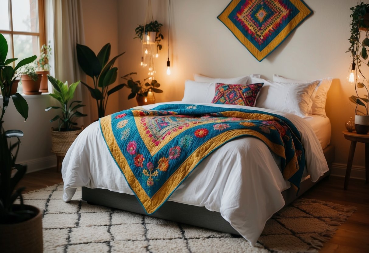 A cozy boho bedroom with a colorful embroidered quilt draped over a bed, surrounded by plants and warm lighting