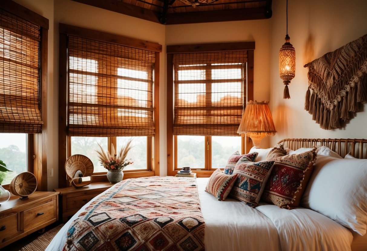 A cozy boho bedroom with bamboo blinds, warm lighting, and eclectic decor