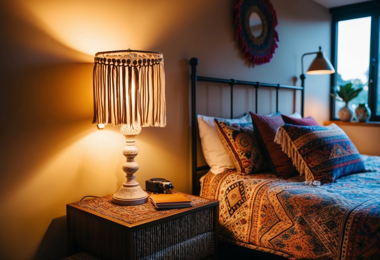 A cozy boho bedroom with a fringe lamp shade casting warm, soft light on a cluttered nightstand and a colorful, patterned bedspread