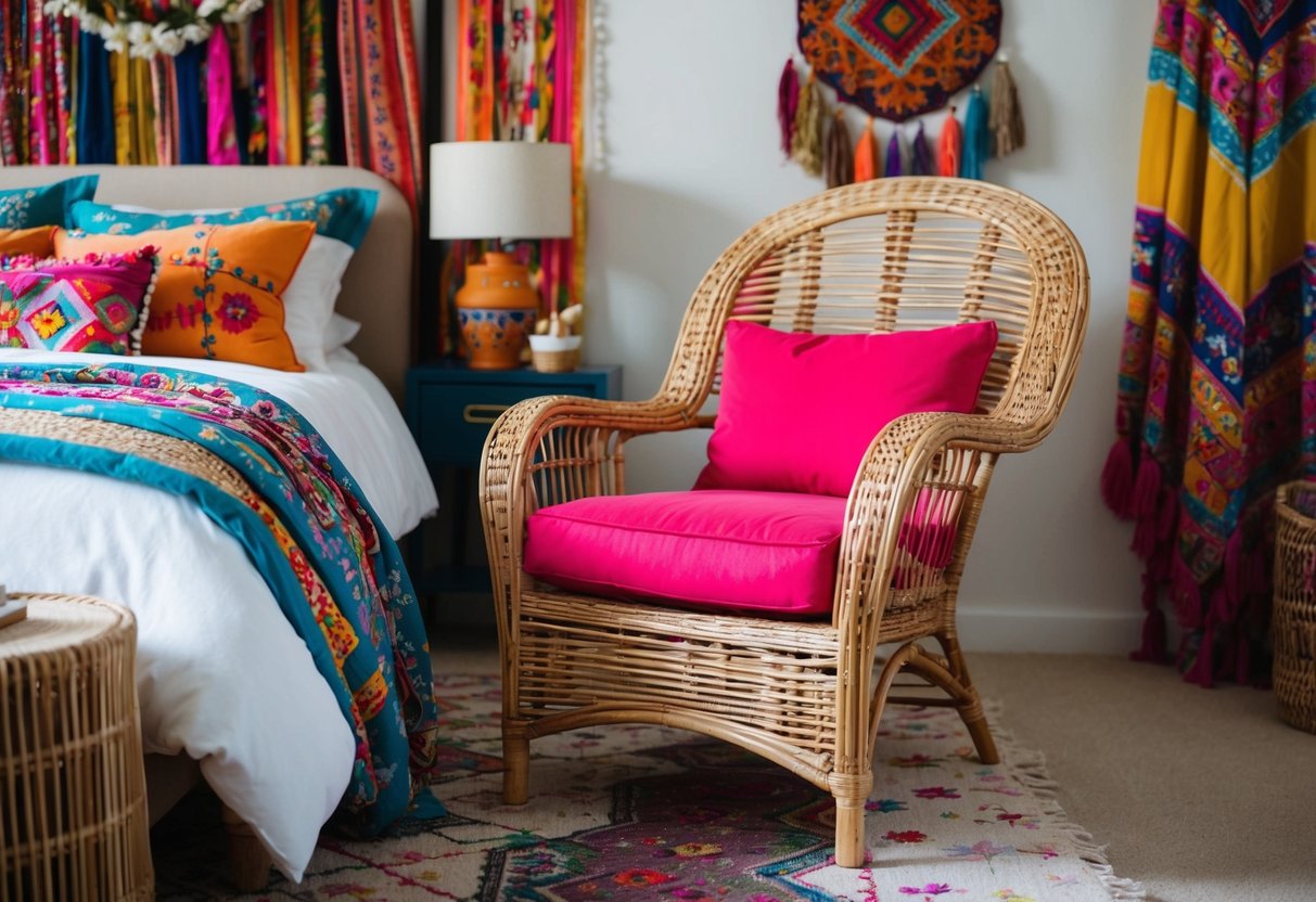 A wicker chair sits in a boho bedroom, surrounded by eclectic decor and vibrant textiles