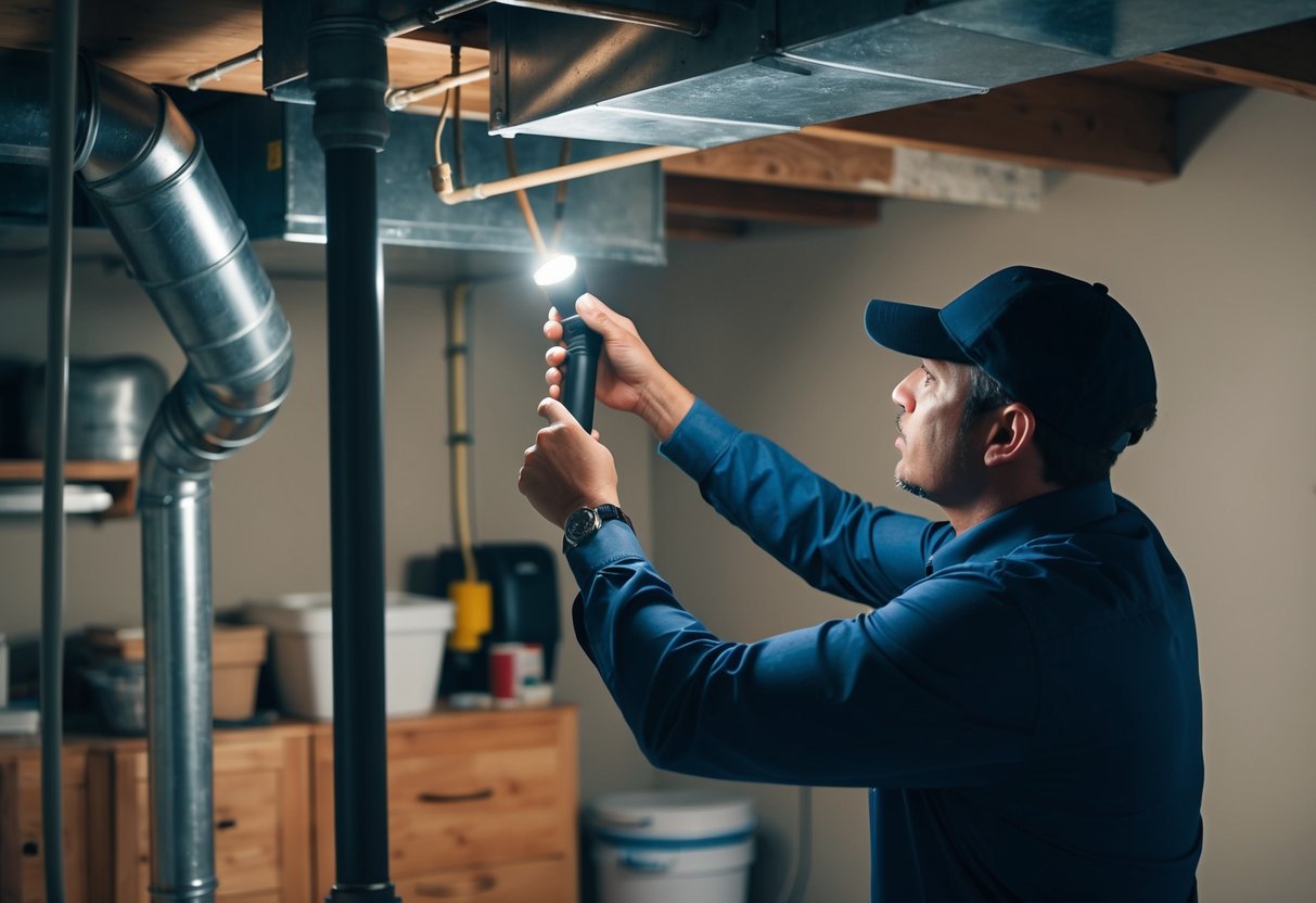 An inspector using a flashlight to examine ductwork for leaks and damage in a dimly lit, cluttered utility room